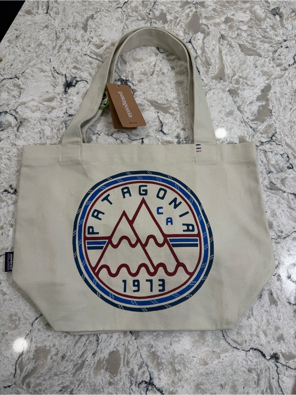 Patagonia Mini Tote Canvas Bag Cream Blue Red 1973 Graphic NWT